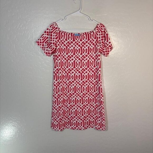 J.McLaughlin Dress Womens Small Red White Geometric Shift Stretch Short Sleeve - Picture 1 of 7